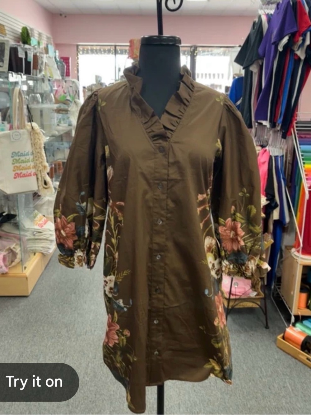 Entro Brown Floral Button-Front Women's Dress with Ruffle Collar